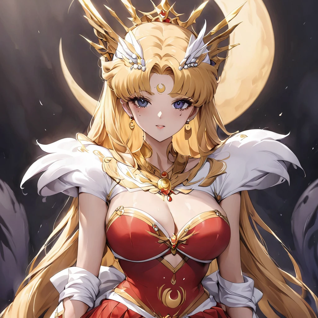 ((Highest quality)), ((masterpiece)), (detailed), (Perfect Face)、The woman has a black inverted crescent moon mark on her forehead, is wearing a gorgeous and glittering red Hanfu, and is an empress wearing a phoenix crown with gorgeous jeweled accessories.、The woman is Black Serenity, the elegant Empress of the Black Moon of the Black Moon Clan, and has blonde hair.2The woman with long hair tied up is Princess Serenity