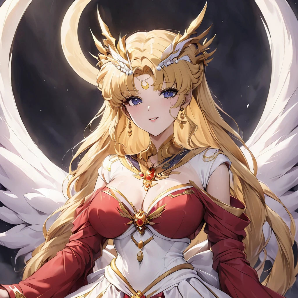((Highest quality)), ((masterpiece)), (detailed), (Perfect Face)、The woman has a black inverted crescent moon mark on her forehead, is wearing a gorgeous and glittering red Hanfu, and is an empress wearing a phoenix crown with gorgeous jeweled accessories.、The woman is Black Serenity, the elegant Empress of the Black Moon of the Black Moon Clan, and has blonde hair.2The woman with long hair tied up is Princess Serenity