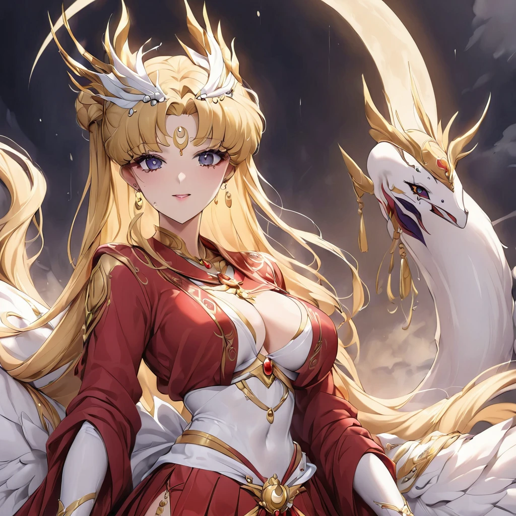 ((Highest quality)), ((masterpiece)), (detailed), (Perfect Face)、The woman has a black inverted crescent moon mark on her forehead, is wearing a gorgeous and glittering red Hanfu, and is an empress wearing a phoenix crown with gorgeous jeweled accessories.、The woman is Black Serenity, the elegant Empress of the Black Moon of the Black Moon Clan, and has blonde hair.2The woman with long hair tied up is Princess Serenity