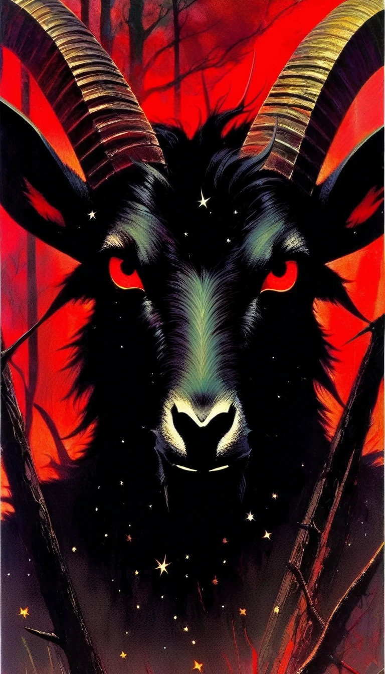 1 large angry black satanic goat with red eyes and dark forest, sinister, stars, background, art inspired by Bill Sienkiewicz