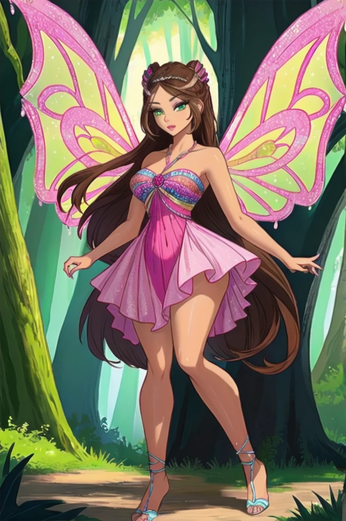 cinematic composition, professional full body shot photo of Flora,dress, pink wings, sparkling clothing, green eyes, brown hair,
detailed skin, detailed eyes, finely detailed hair,
volumetric light, highrez, masterpiece, best quality,
fantasy forest,
