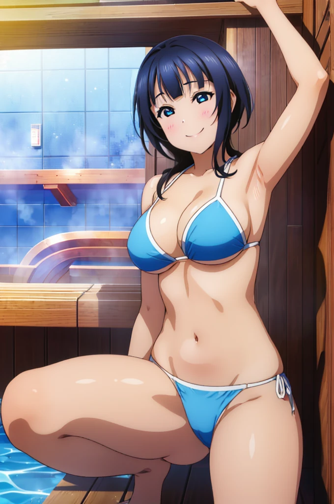 (((pixel-perfect, detail-perfect))), solo, 1girl, Karin asaka, smile, eyes azzur, hair blue, sauna, armpit, bikini, large extreme filesize, ultra High Qality