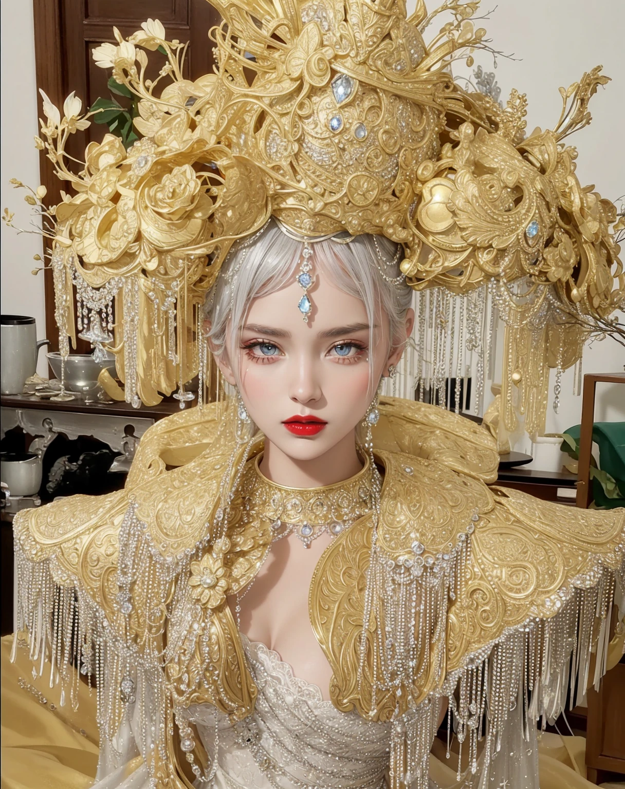 Royal princess,Super detailed, Delicate face, Stock Photography , Portrait 400, F1 Camera Lens.6, Colorful, Surrealism, Realistic textures, Dramatic Lighting, Thin Film Distiller 800 (8K, original photo, Better quality, masterpiece: 1.2), Super detailed, (Extremely delicate skin: 1.2), 8K 超高清, SLR camera, Soft Light, high quality.Fire Queen,Blue pupils,Apply red lipstick,Have a tattoo,The tattoo is very three-dimensional,Gorgeous and intricate tattoo designs,8K Mugshot,Large Breasts,Dark eyeshadow,Sexy thick lips(Red lipstick),Ice Princess,The facial features are very three-dimensional,Gorgeous and exquisite crystal diamond lace wedding dress,Silver armor,Exquisite and ornate silver decoration,Universe shining diamond gem,Ultra-clear portrait,Very exquisite and gorgeous jewelry