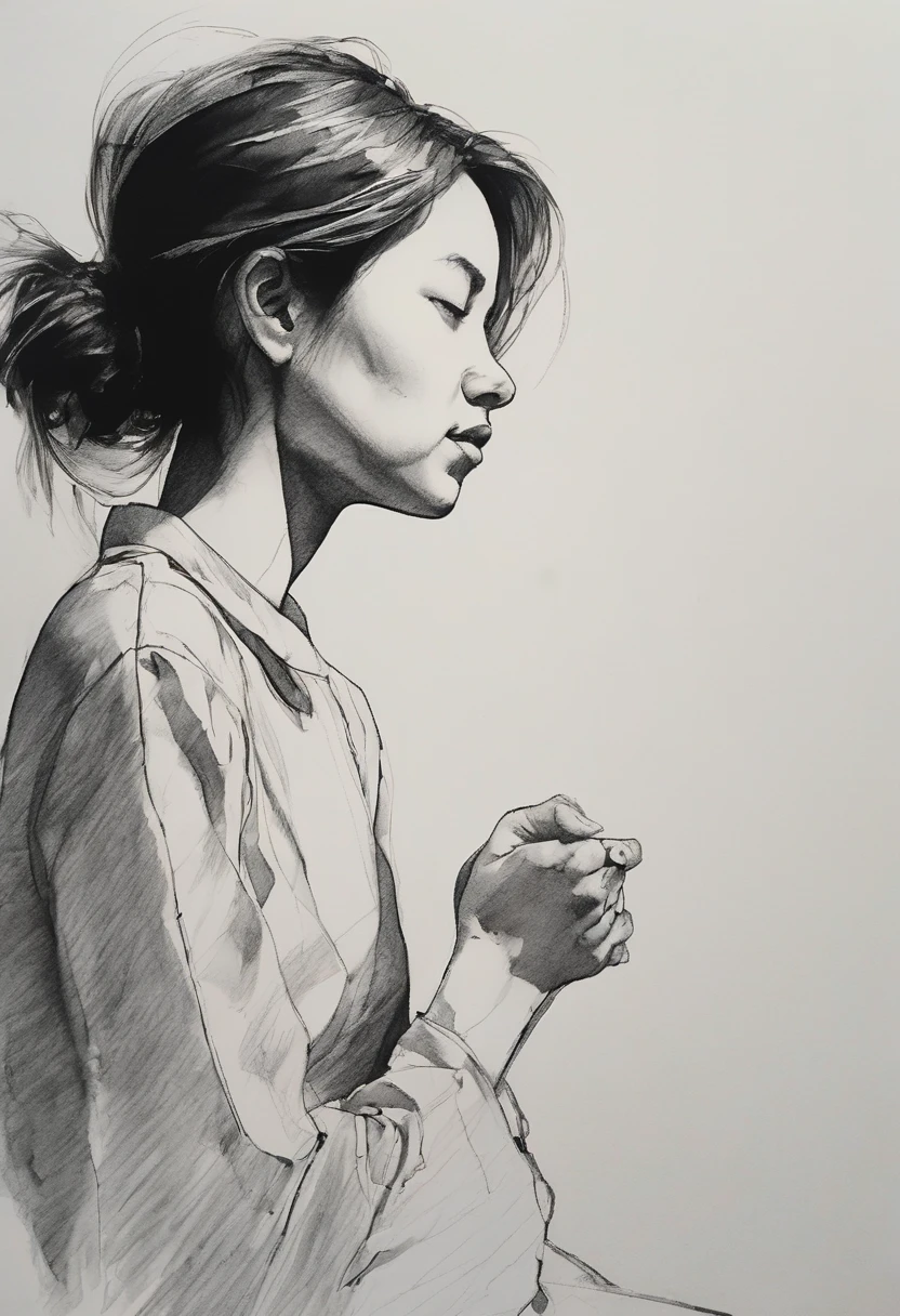(highest quality, High resolution, masterpiece:1.2), Super detailed, actual:1.37, Black ink sketch, smooth lines, Expressive facial expressions and gestures, simple background, Emphasis on light and shadow and spatial perception, Plenty of negative space, young girl.Ink Portrait,smooth lines,Expressive facial features,Subtle emotions,Ink strength comparison,simple background,Emphasis on light and shadow,wide々It was,Plenty of negative space,peaceful atmosphere,peaceful atmosphere,feels like a dream,Delicate yet fascinating details,pastel colour,Calm and introspective,An elegant gesture,Gentle movements,Calm and innocent,Elegant Whisper,quiet and elegant,shining,sublime beauty,Vector illustration,black and white,Natural and Organic,Nourish、Calming the mind,Sublime simplicity,fantastic charm.