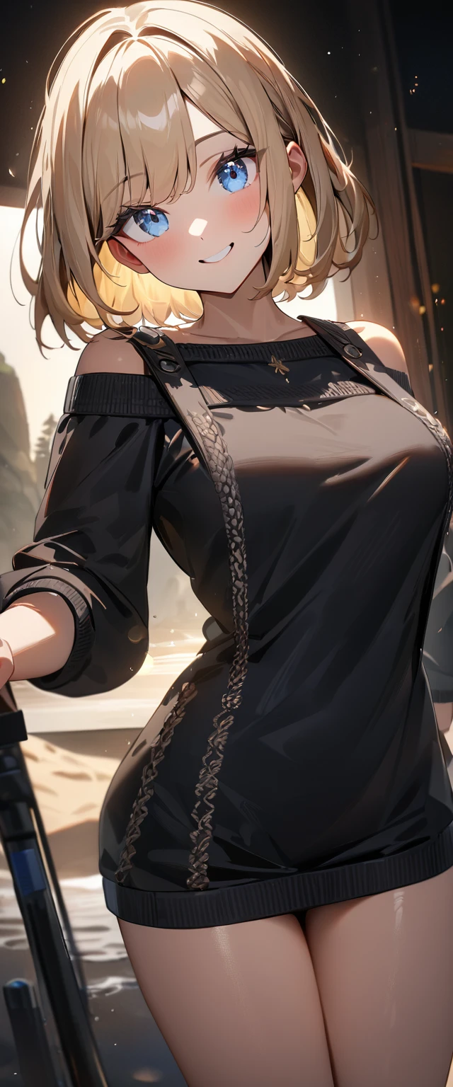 (((One girl))), ((beach)), noon, blond hair, bob cut, breasts, from front, (cowboy shot), standard body, (looking at viewer), ((black sweater)), ((off-shoulder knit sweater, Quite thick shoulder straps)), ((long juliet_sleeves)), ager, head tilt:1.3, (((blue eye))), ((happy smile)), anime style, (best quality, 4k, 8k, highres, masterpiece:1.2, ultra-detailed, ultra-detailed eyes, HDR, UHD, studio lighting, ultra-fine painting, sharp focus, physically-based rendering, extreme detail description, professional, vivid colors, bokeh), ((Highest quality, Best image quality, Ultra-high resolution, Ultra-high resolution, solo, Strong eye highlights)), Depth of written boundary, Natural soft light, attractive, Beautiful Face, Cleanliness, Pure Face, nedium chest, Beautiful Face, Perfect Fingers, Perfect hands, Perfect body, Perfect Face, Shine a light into your eyes, Perfect Anatomy