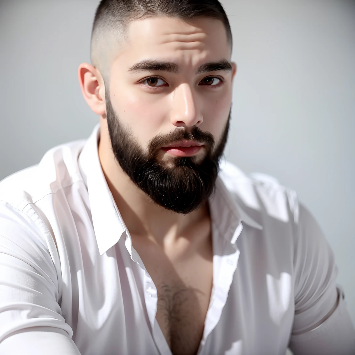 French teacher, wearing a white shirt, buzz cut hairstyle, beard, brown hair, masculine