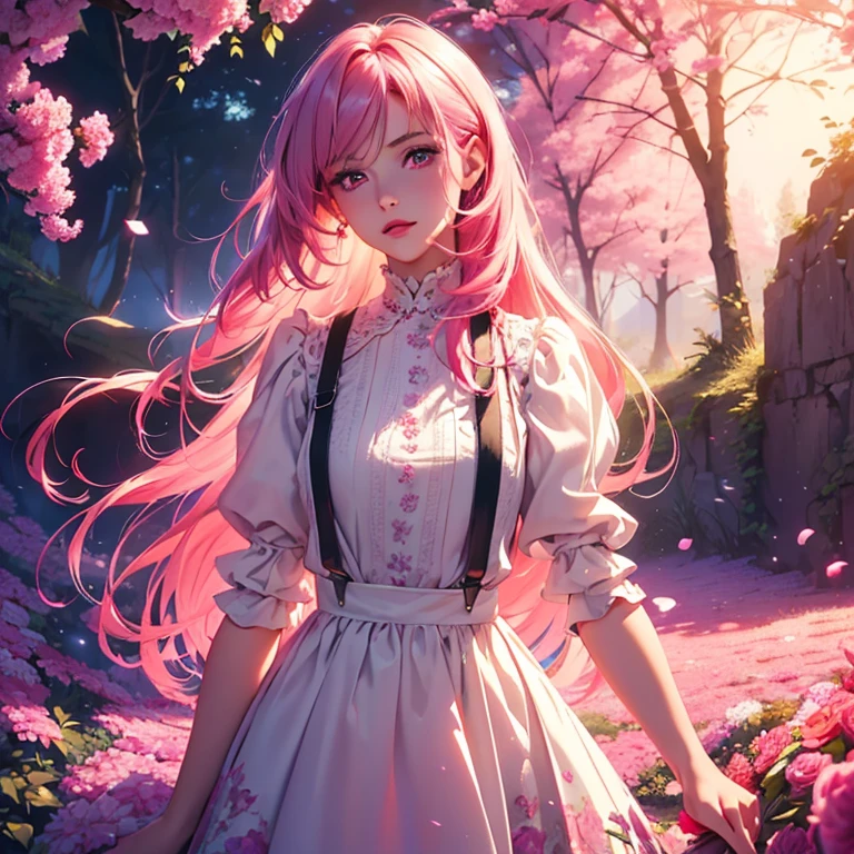 (best quality at best, 8K, a high resolution, masterpiece:1.2), digital artwork, one girl, detailed face, detailed eyes, pink hair, long straight hair, glowing purple eyes, red lips, suspenders, fantasy landscape, vibrant colors, soft lighting, whimsical atmosphere, blooming flowers, flowing dress, delicate details, ethereal background, dreamy aura