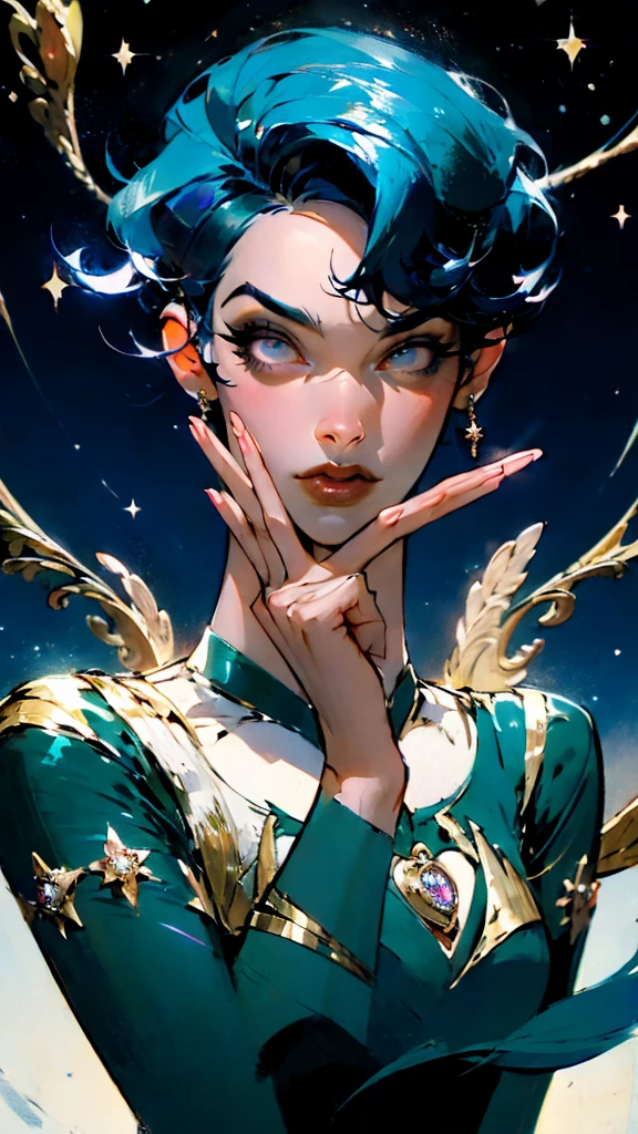 ( nonsense , High quality , Very detailed, Be careful with your hands. )Zodiac - Sagittarius , Similar to Latin goodness . optimistic, have a fair heart, funny and smart face . careless, calm, impatient, overconfident style . dark blue eyes (Eye details) , Dark blue hair with shiny diamonds , transparent dress , In an ocean with stars. , whole body , nature of fire , Lord Chiron