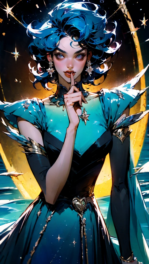 ( nonsense , High quality , Very detailed, Be careful with your hands. )Zodiac - Sagittarius , Similar to Latin goodness . optimistic, have a fair heart, funny and smart face . careless, calm, impatient, overconfident style . dark blue eyes (Eye details) , Dark blue hair with shiny diamonds , transparent dress , In an ocean with stars. , whole body , nature of fire , Lord Chiron