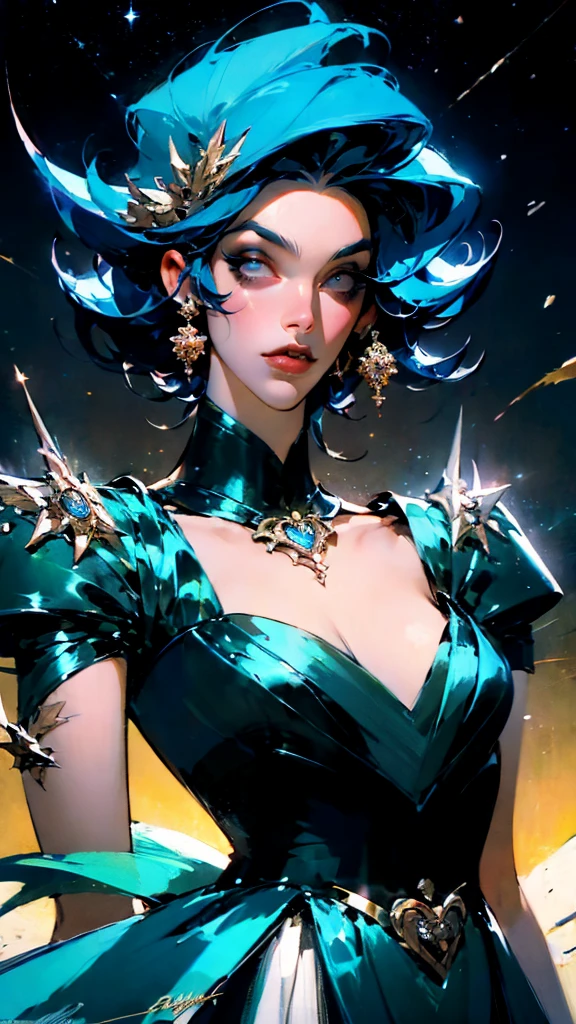 ( nonsense , High quality , Very detailed, Be careful with your hands. )Zodiac - Sagittarius , Similar to Latin goodness . optimistic, have a fair heart, funny and smart face . careless, calm, impatient, overconfident style . dark blue eyes (Eye details) , Dark blue hair with shiny diamonds , transparent dress , In an ocean with stars. , whole body , nature of fire , Lord Chiron