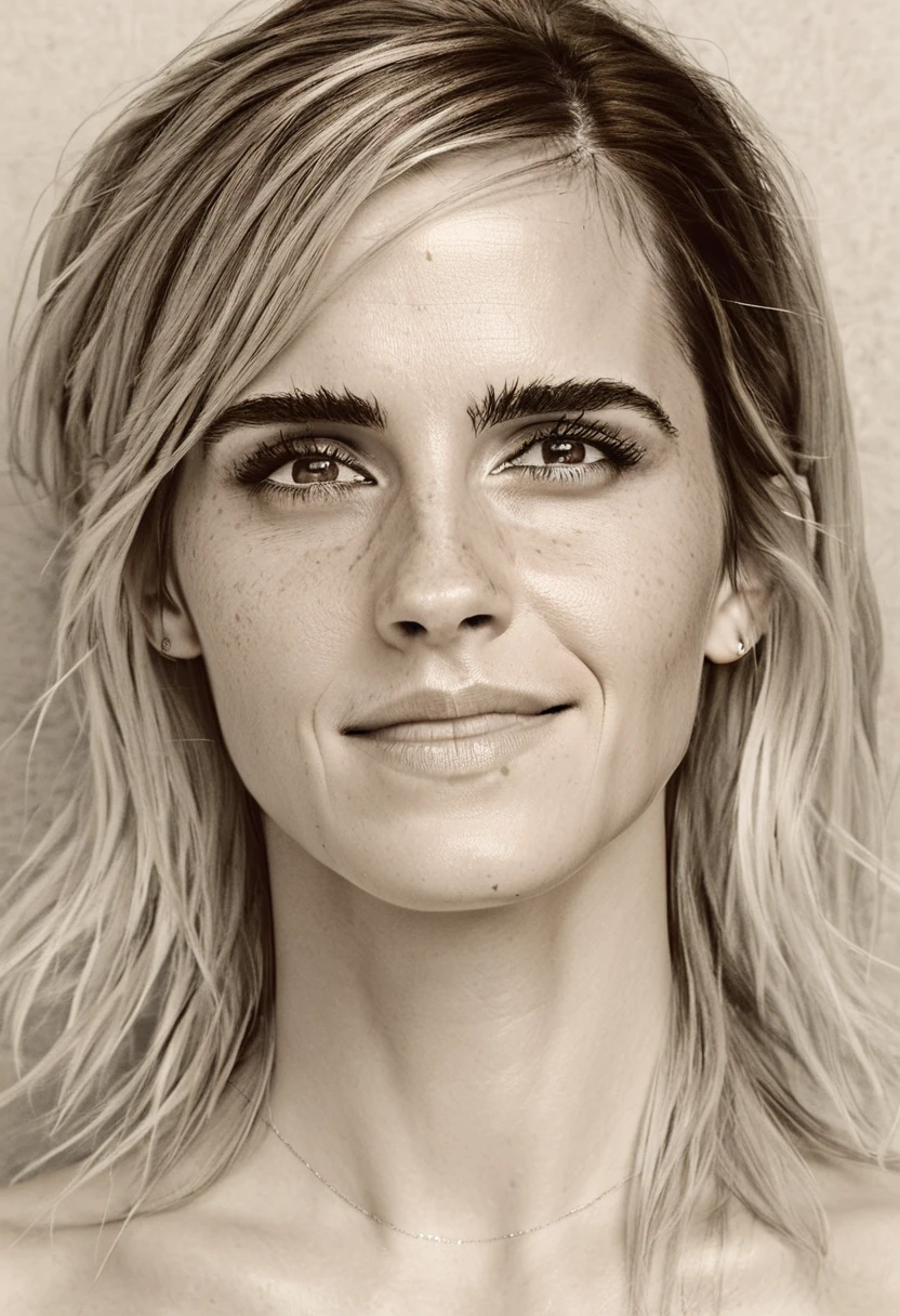 high quality  sexy photograph  of Emma Watson, long white blonde messi hair, happy, laughing, eyes open, perfect eyes, highly detailed, very detailed skin texture,  (insanely detailed skin texture ), full body,
  