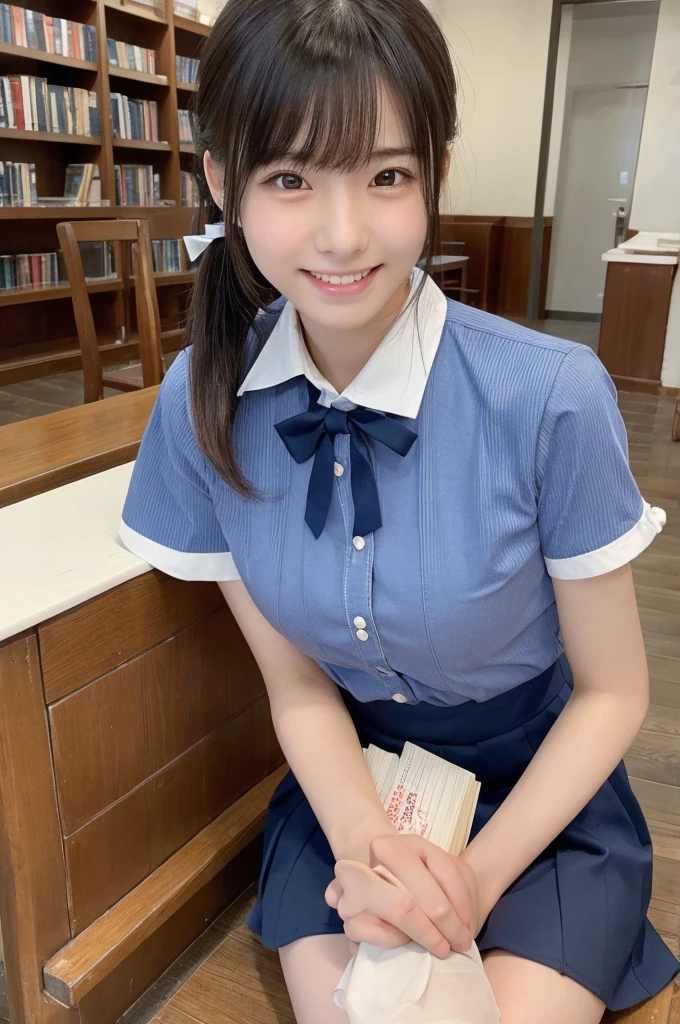 1 Girl, alone, Japanese girl, ,library、Many books棚、Many books、(Highest quality, Realistic, High resolution, 8K, Very detailed, Detailed face, Shiny skin), Japanese , Collared shirt, White shirt, Red ribbon, Black Hair, ragged bangs, ponytail,Gazing into the distance,Young face、Are thin、Slim figure、slender、Short、 System、((Lots of sweat))、Navy blue checked skirt、Sitting、Shot from above、Nice thighs、The best smile、Showing teeth、