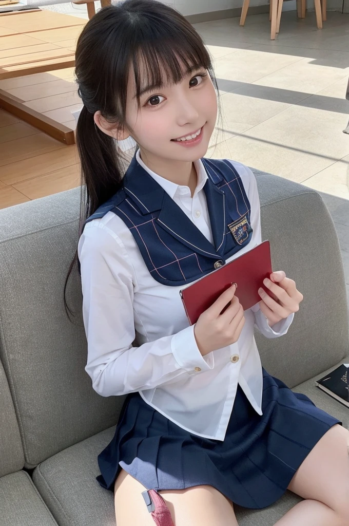 1 Girl, alone, Japanese girl, ,library、Many books棚、Many books、(Highest quality, Realistic, High resolution, 8K, Very detailed, Detailed face, Shiny skin), Japanese , Collared shirt, White shirt, Red ribbon, Black Hair, ragged bangs, ponytail,Gazing into the distance,Young face、Are thin、Slim figure、slender、Short、 System、((Lots of sweat))、Navy blue checked skirt、Sitting、Shot from above、Nice thighs、The best smile、Showing teeth、