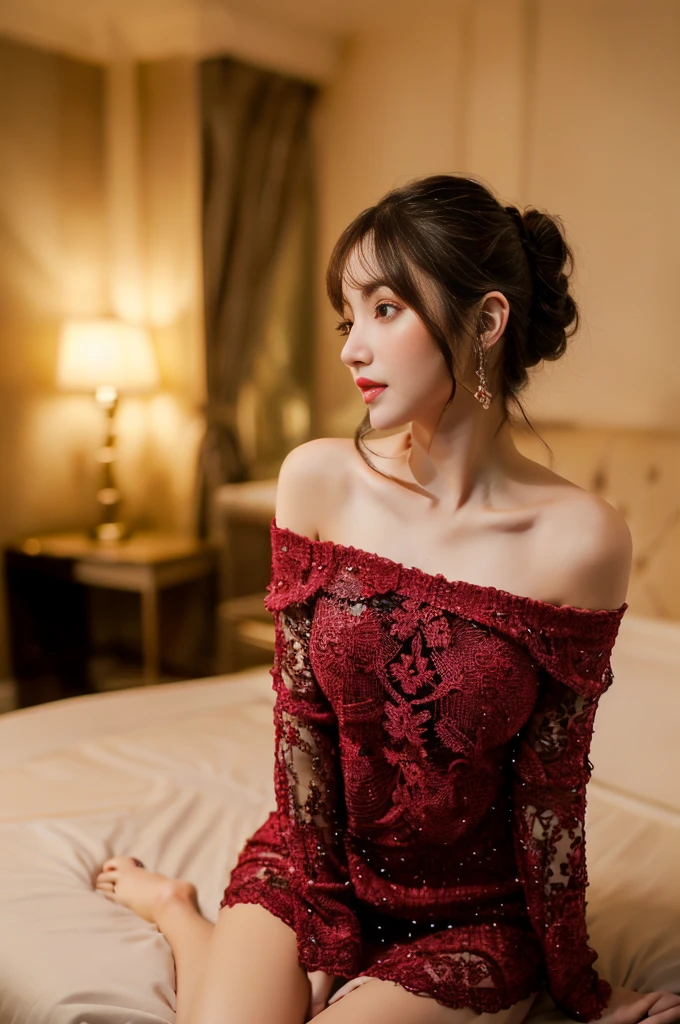 a beautiful detailed girl in a bedroom, long hair, off-shoulder V neck mini dress, , posing to viewer, pov, (best quality,4k,8k,highres,masterpiece:1.2),ultra-detailed,(realistic,photorealistic,photo-realistic:1.37),intricate details,high quality, cinematic lighting,elegant,fashion, bog