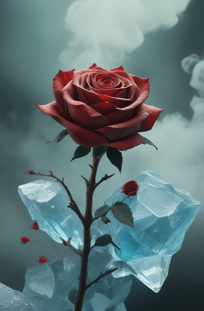 ice rose made out of ice,smoke,Red Rose