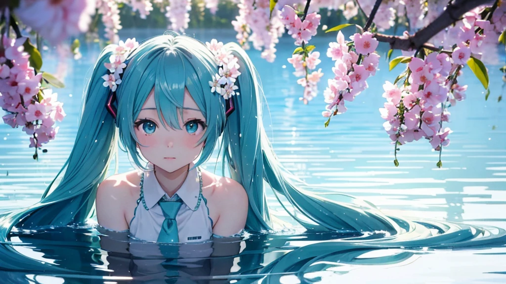 Hatsune Miku。In the background is a calm water surface.、Flowers illuminated by the morning sun々is spreading、Her light blue hair is soft and shiny.。