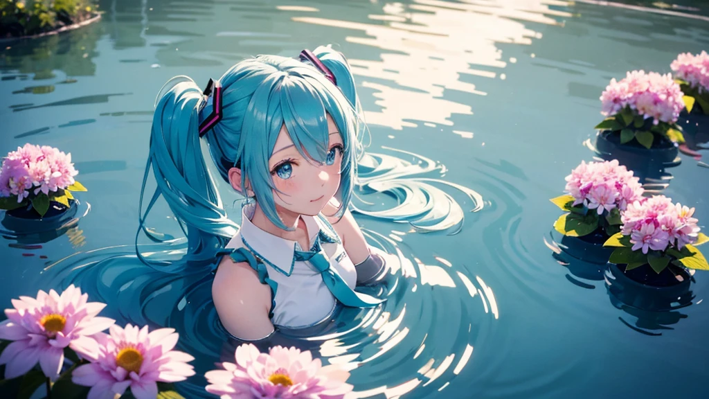 Hatsune Miku。In the background is a calm water surface.、Flowers illuminated by the morning sun々is spreading、Her light blue hair is soft and shiny.。