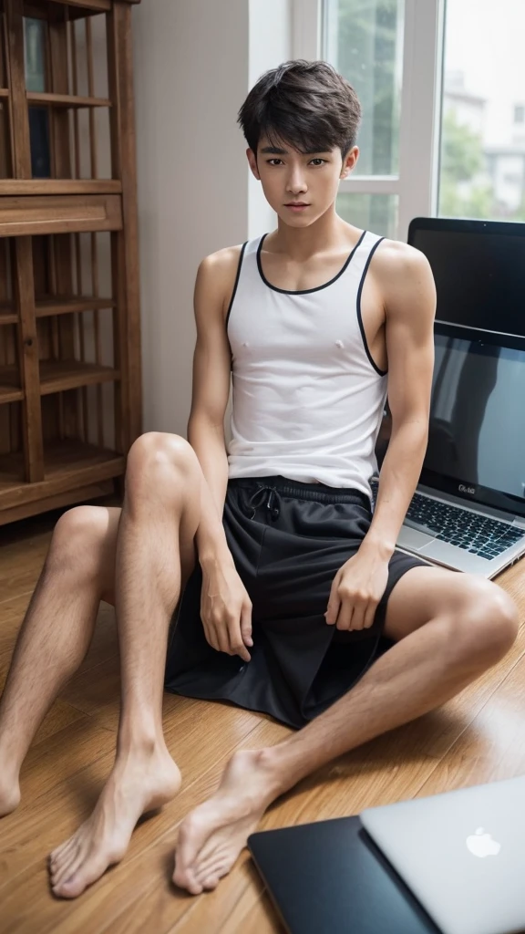 1boy 1 little cat, Handsome Asian boy 15 year sitting with little white cat, typing laptop, cat brow color, dress short pant and top tank, have laptop on the dest, very handsome, best body, bright face