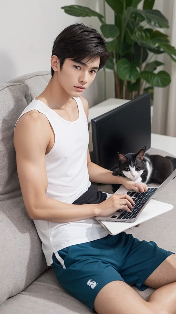 1boy 1  cat, Handsome Asian boy 15 yeang with little white cat, typing laptop, cat brow color, dress short pant and top tank, have laptop on the dest, very handsome, best body, bright face 