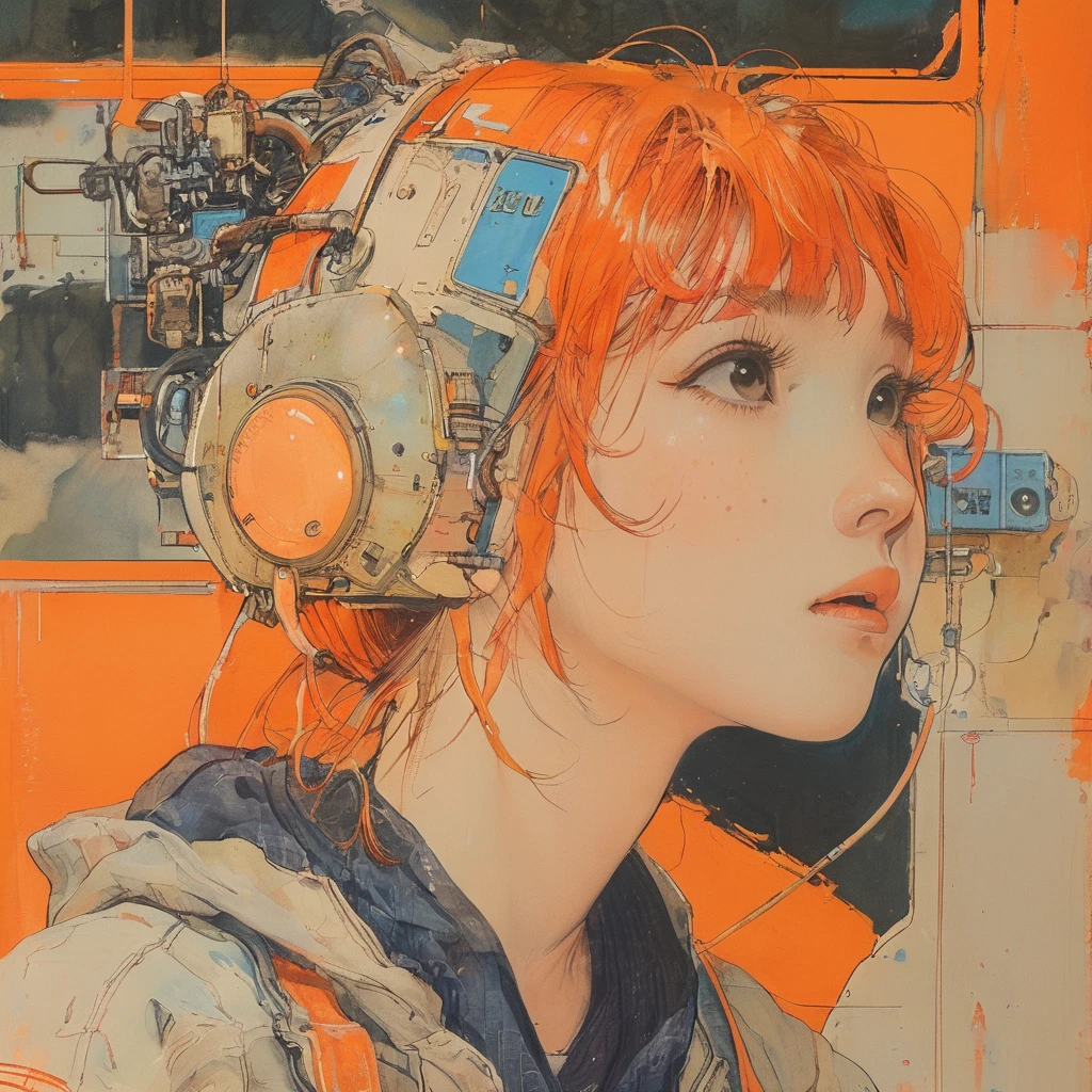 (realistic:1.1),ghibli ,anime ,(en girl ,1girl ),,lip, Laplap,Fiberglass, fluorescent orange gradient background, Rust hair,Blunt bangs hair, Asian ,, (masterpiece,best quality,niji style)