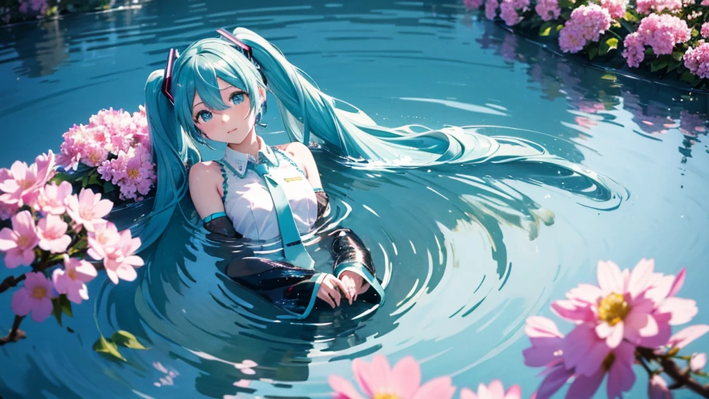 Hatsune Miku。In the background is a calm water surface.、Flowers illuminated by the morning sun々is spreading、Her light blue hair is soft and shiny.。