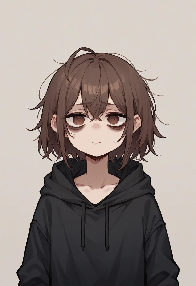 1girl, brown hair, brown eyes, black hoodie, dark circles under eyes, tired expression, missing front tooth
