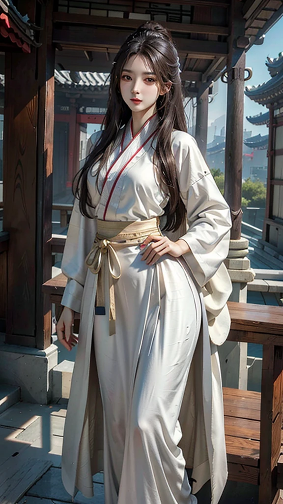 photorealistic, high resolution, soft light,1women, solo, hips up, look at viewer, (detailed face), long hair, Beautiful girl, hanfu, east asian architecture,sheath,architecture, tattoo, jewelry