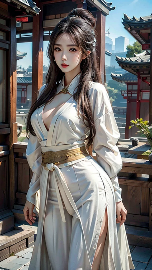 Photorealistic, high resolution, Soft light,1womanl, Solo, Hips up, shiny skins, (Detailed face),tattoo, jewelry, Winter hanfu, Cloak, Snow, Night, Wavy hair, Beautiful soldiers, Grab the audience's eye, Lover's perspective, Invitation expression, Sexy smile, Perfect style, Perfect balance, Detailed skin, mischievous gaze, chest visible