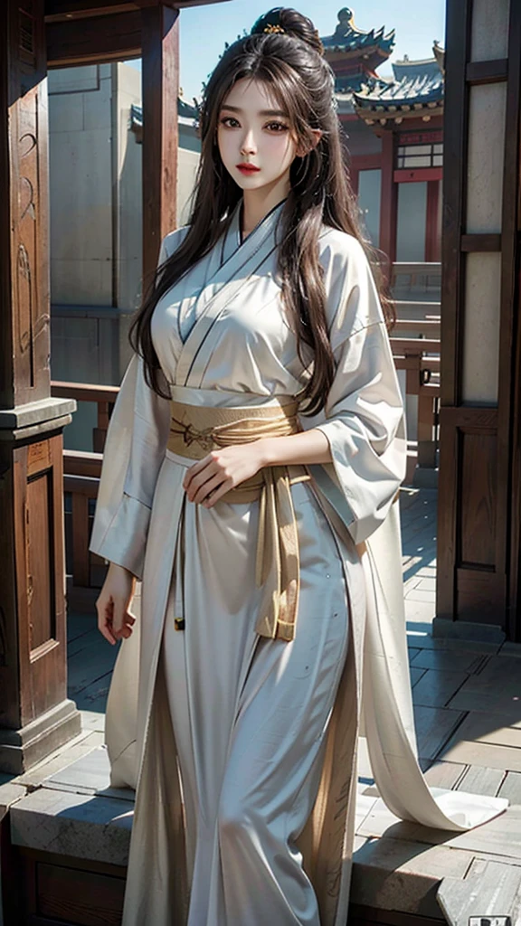 photorealistic, high resolution, soft light,1women, solo, hips up, look at viewer, (detailed face), long hair, Beautiful girl, hanfu, east asian architecture,sheath,architecture, tattoo, jewelry