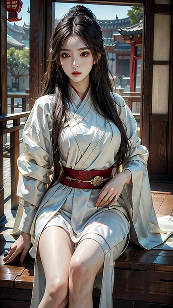 photorealistic, high resolution, soft light,1women, solo, hips up, look at viewer, (detailed face), long hair, Beautiful girl, hanfu, east asian architecture,sheath,architecture, tattoo, jewelry