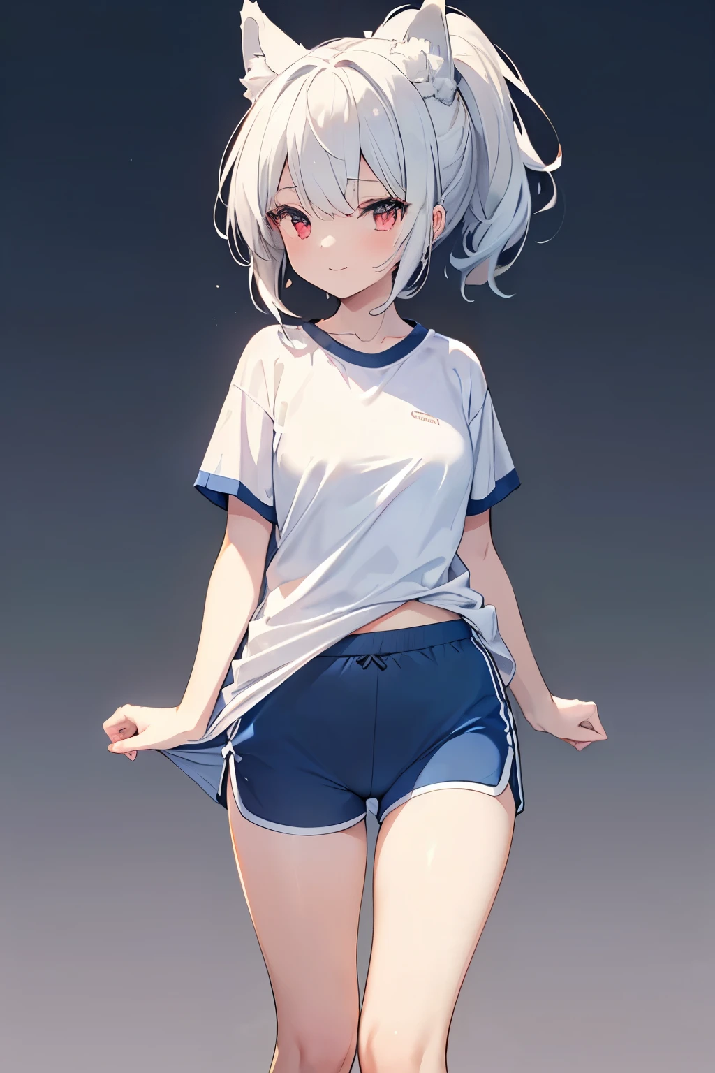 Silver Hair、Red eyes、Fox ears、girl、Small breasts、ponytail、girl、Small breasts、Bright smile、Looks about 、Petan Musume、He is short、Gym、【prompt】
break (Old style sportswear for Japanese schools:1.3), ((Soft cotton material, matte material):1.3), (Oversized soft cotton short sleeve U-neck white tunic:1.4), (Blue line on the top outline:1.3), ((Slim fit, Perfect fit) (Dark blue panties, Deep blue athletic micro shorts in soft cotton, Soft cotton dark blue bloomers):1.3), ((between legs, Upper thigh skin):1.3), (White socks:1.3), (Sneakers:1.2),