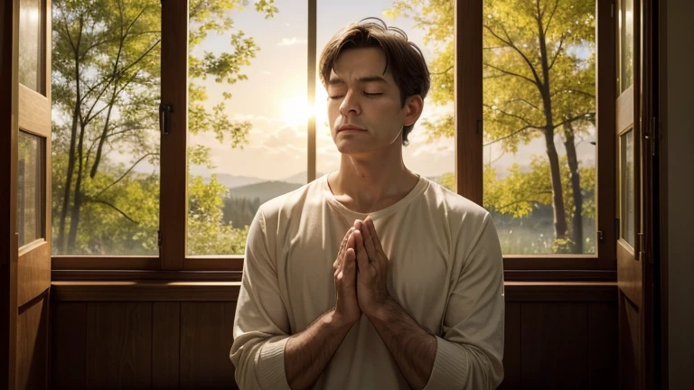 Describe a serene moment captured in the image of a middle-aged man, Eyes closed and expression serene, with hands raised toward the sky. He's dressed simply., in a peaceful environment and illuminated by a soft golden light that seems to emanate from it. Around her, there are signs of calm nature - perhaps trees in the background or soft evening light filtering through the windows. Your posture reflects not only devotion, but also a deep sense of peace and spiritual connection, which conveys a comforting tranquility to whoever observes the image