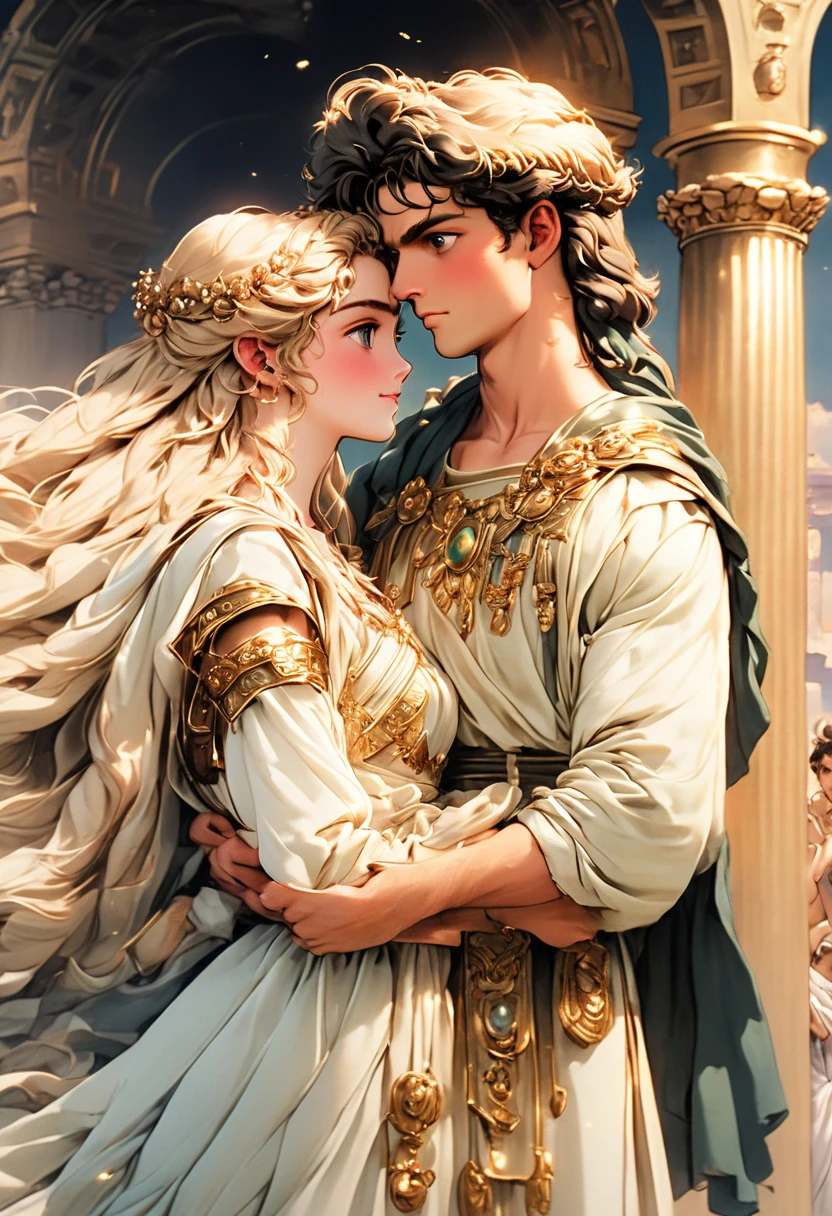 Very best quality, masterpiece , a very retro vintage kinda look feel 8K,High HD,higher rselutionHigh quality very anime semi realism In Ancient classical Athens Show a young strong powerful looking handsome youvng man a yoing very lovely woman in ancient classical greek dress fashions that is loose cooling flowy kinda thin almost filmy and in pastels and vibrant bright colors very greek very classical old ancient world look feel intricate somewhaty elaborate detaile defined looking