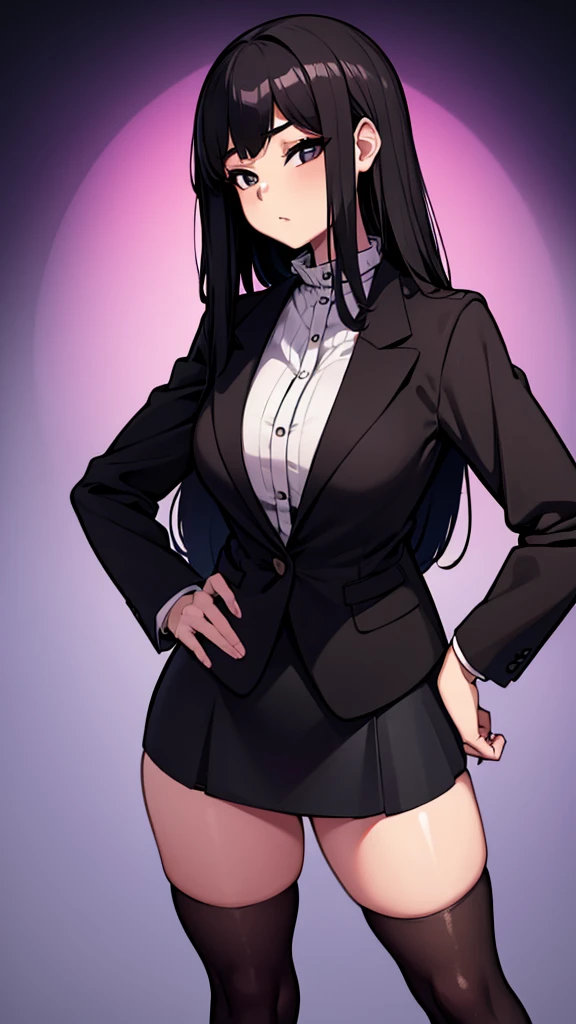 1 girl, Asian ager, cheered up , black plated skirt, blazer, black stockings, Long straight black hair, confident facial expression, hand on hip,