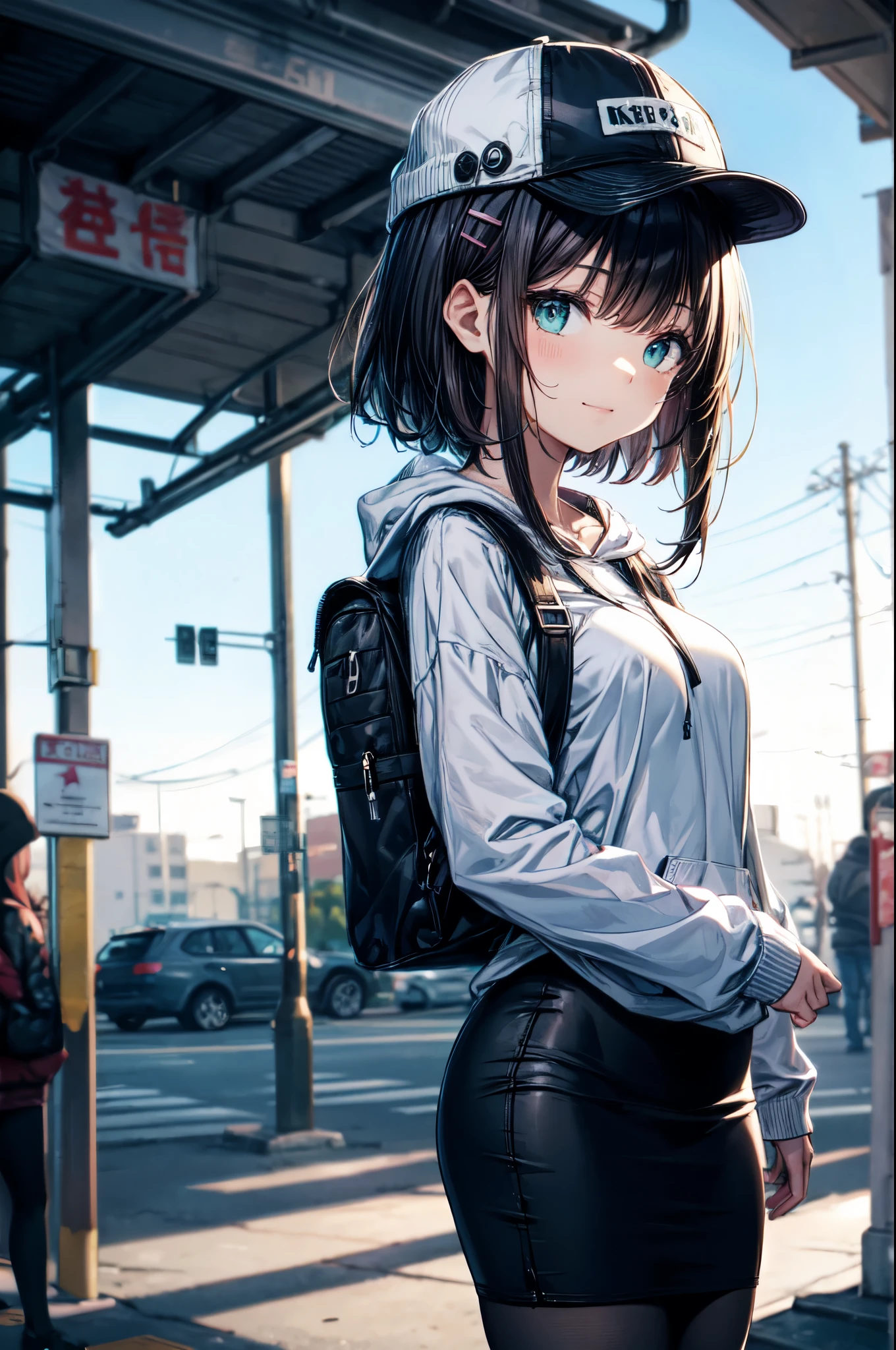 an extremely delicate,
beautiful girl,
break,
8k,
best quality,
masterpiece,
ultra hires,
ultra detailed girl,
super fine illustration,
break,
active pose,
street,
shiny,
bright,
rim lighting,
break,
1girl,
solo,
college age,
perfect female body,

black hair,
short hair,
bangs hairpin,
asymmetrical bangs,


round face,
PaleTurquoise eyes,
sleepy,
(smile:0.8),
medium breasts,


break,
casquette,
hoodie,
pencil Skirt,
long sleeves,
knapsack,