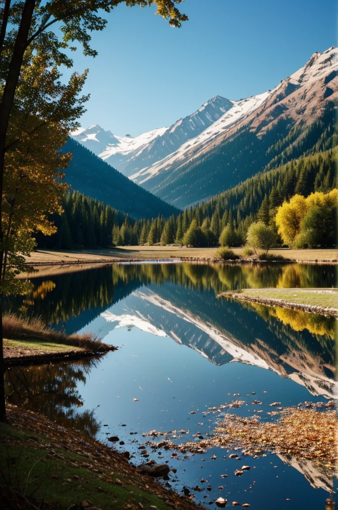 I want a landscape with a river, mountains, trees and more things, but for all of this to be found within a mirror that is broken and falling apart.
