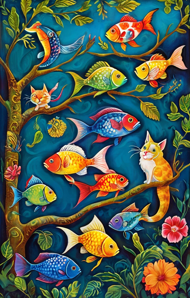 masterpiece,best quality,illustration,style of Julie Paschkis, Different kinds of tropical fish in glass bowls laid on tree branches and stylized long-necked cats.