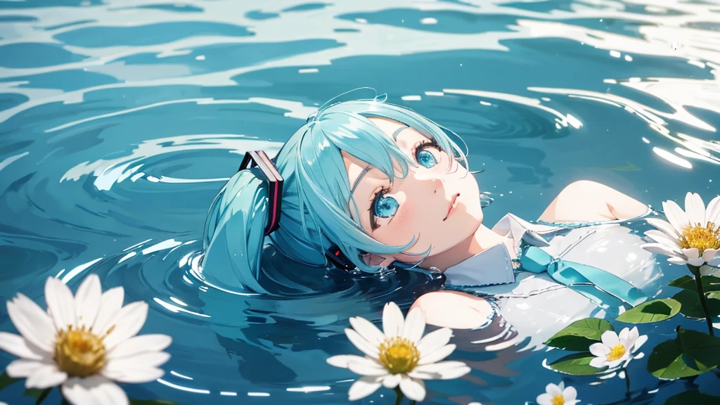 Hatsune Miku。In the background is a calm water surface.、Flowers illuminated by the morning sun々is spreading、Her light blue hair is soft and shiny.。