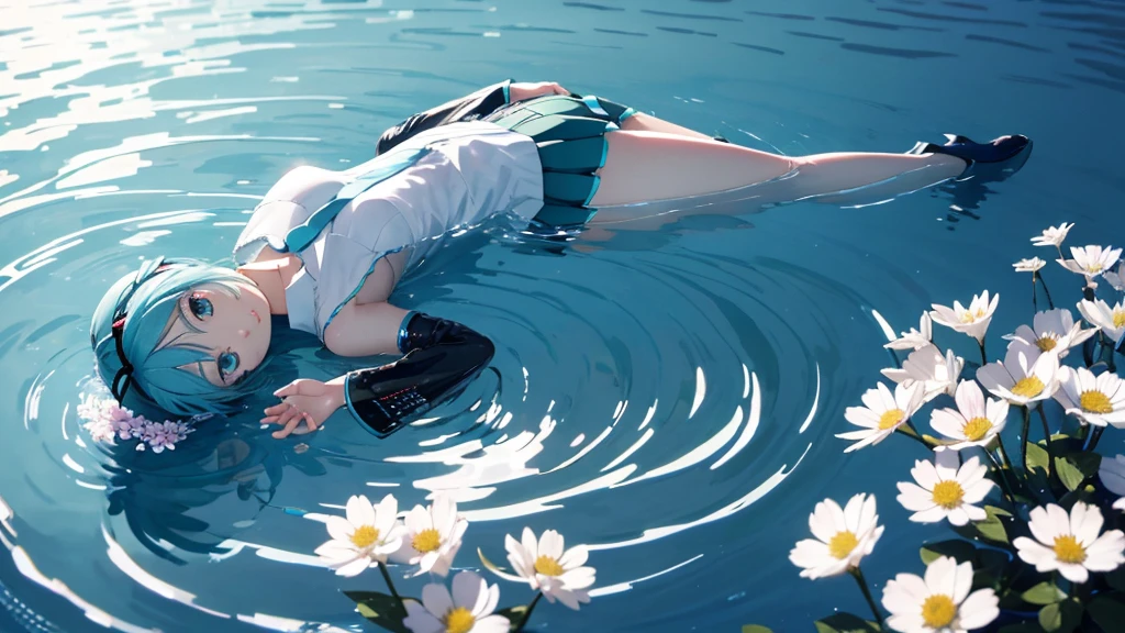 Hatsune Miku。In the background is a calm water surface.、Flowers illuminated by the morning sun々is spreading、Her light blue hair is soft and shiny.。