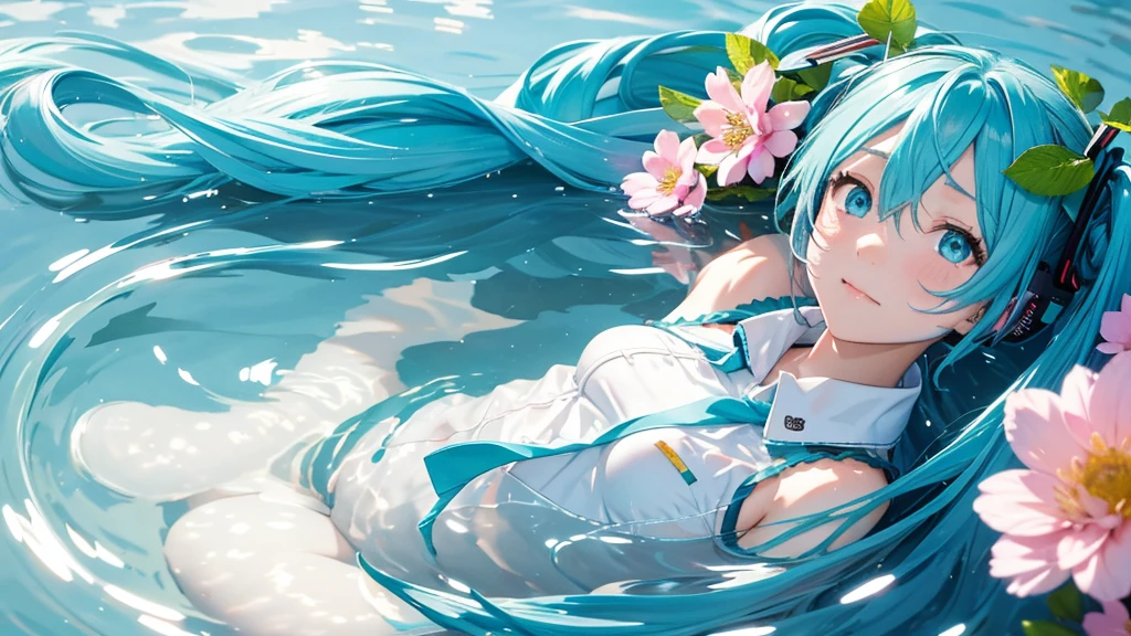 Hatsune Miku。In the background is a calm water surface.、Flowers illuminated by the morning sun々is spreading、Her light blue hair is soft and shiny.。