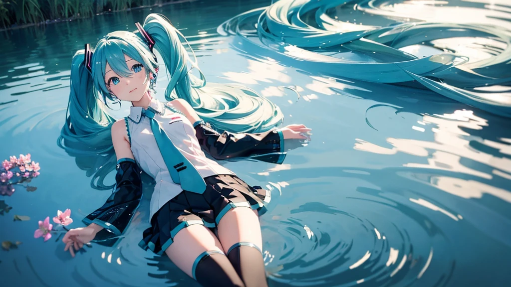 Hatsune Miku。In the background is a calm water surface.、Flowers illuminated by the morning sun々is spreading、Her light blue hair is soft and shiny.。