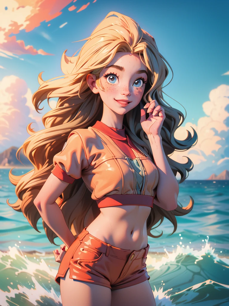 (best quality, masterpiece), 1girl, upper body, paw pose, smile, laughing, happy, ocean, crop top, shorts, blonde, freckles, blush, looking at viewer, wavy hair, long hair, cloud, splashing, waves, sun, mountain, wet