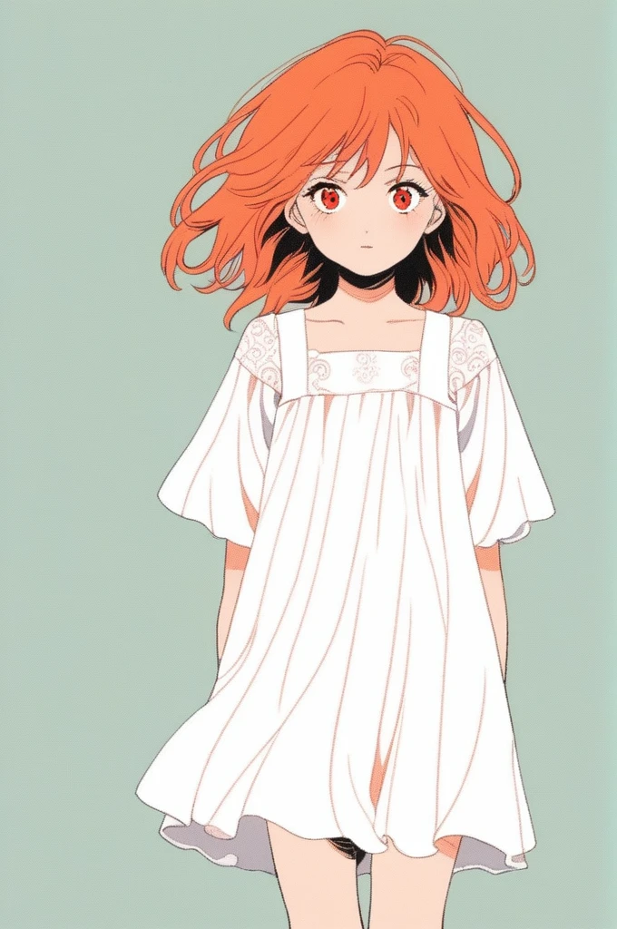 1girl, orange hair, red eyes, dress, (solo:1.3),
