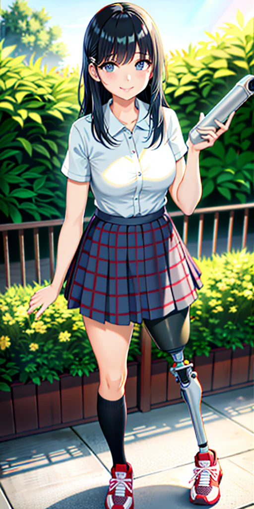 best quality, 1girl, solo, standing, outdoors, medium hair, black hair, straight hair, looking at viewer, medium breasts,  (prosthetic leg:1.2), full body, smiling, (skirt:1.4), sneakers, plaid skirt, blue skirt, Japanese uniform, female uniform. 