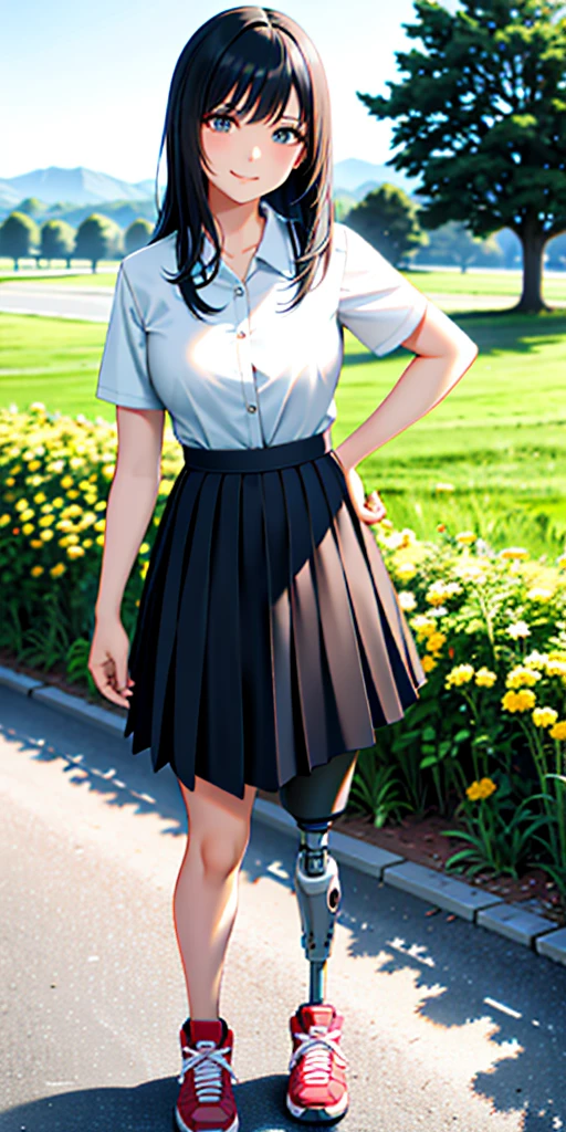 best quality, 1girl, solo, standing, outdoors, medium hair, black hair, straight hair, looking at viewer, medium breasts,  (prosthetic leg:1.2), full body, smiling, (skirt:1.4), sneakers, plaid skirt, blue skirt, Japanese uniform, female uniform. 