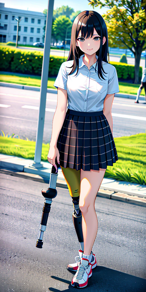 best quality, 1girl, solo, standing, outdoors, medium hair, black hair, straight hair, looking at viewer, medium breasts,  (prosthetic leg:1.2), full body, smiling, (skirt:1.4), sneakers, plaid skirt, blue skirt, Japanese uniform, female uniform. 