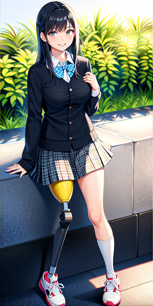 best quality, 1girl, solo, standing, outdoors, medium hair, black hair, straight hair, looking at viewer, medium breasts,  (prosthetic leg:1.2), full body, smiling, (skirt:1.4), sneakers, plaid skirt, blue skirt, Japanese uniform, female uniform. 