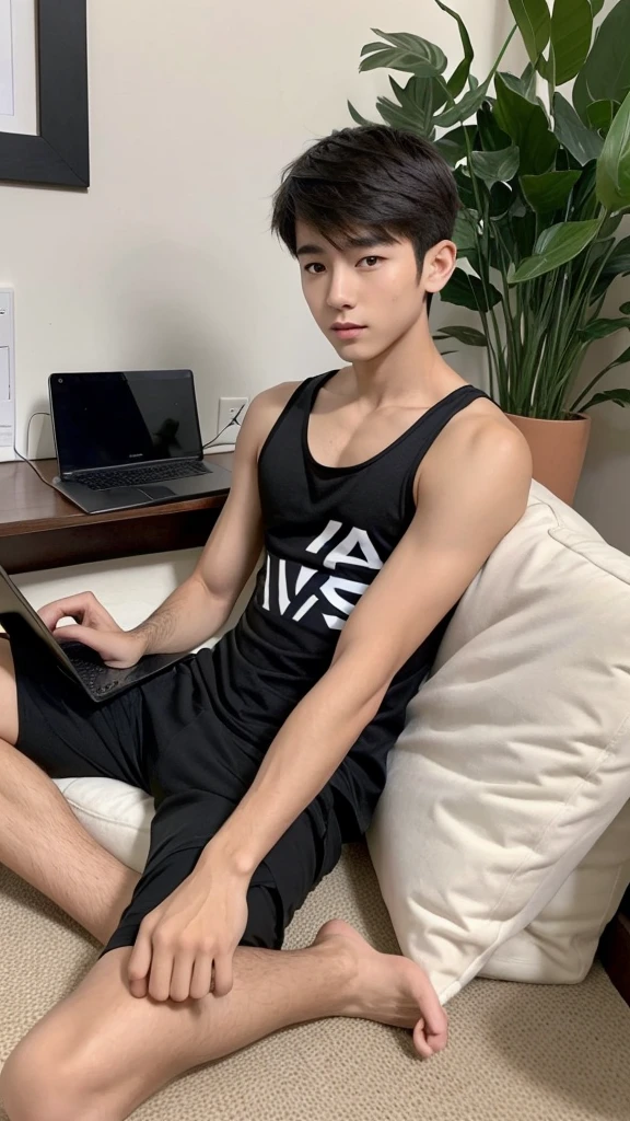 1boy 1 little cat, Handsome Asian boy 15 year sitting with little white cat, typing laptop, cat brow color, dress short pant and top tank, have laptop on the dest, very handsome, best body, bright face