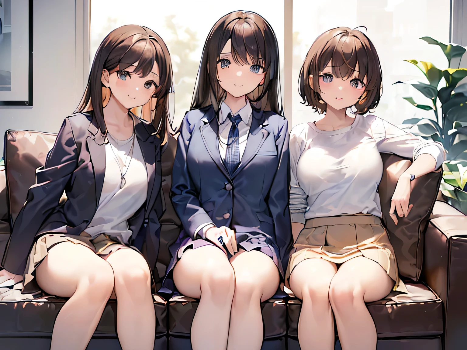 (Masterpiece, highest quality, high resolution, realistic photo, realistic looking skin:1.1),
(Three women are sitting on a couch in a break room in the office:1.8),
(all with happy smiling faces:1.5),
(The first person is wearing a gray blazer and a plain white T-shirt, the second person is wearing a dark blue blazer and a plain white T-shirt, and the third person is wearing a beige blazer and a plain white T-shirt:1.8),
(All are wearing mini-skirts:1.8),
(All are wearing pumps on their feet: 1.8),
(The first has long black hair, the second has medium brown hair, and the third has long brown hair:1.8),
(The first has a mature face, the second has an age-appropriate face like mid-twenties, and the third has a young face:1.5),
(All of them have C-cup breasts, which are not that big:1.5),
(Location: a couch in a break room in the company:1.5),
1 Japanese girl, solo, full bodied esbian, beautiful eyes, glowing eyes, glowing thighs, NSFW