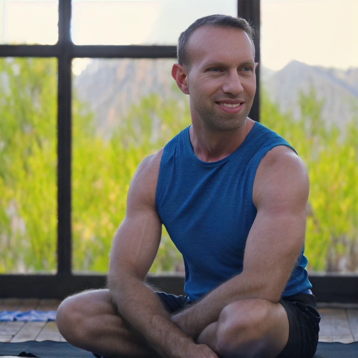 A man in a yoga studio, yoga mat, wood floor, wearing gym clothes, happy, (best quality,4k,8k,highres,masterpiece:1.2),ultra-detailed,(realistic,photorealistic,photo-realistic:1.37),HDR,UHD,studio lighting,ultra-fine painting,sharp focus,physically-based rendering,extreme detail description,professional,vivid colors,bokeh,detailed eyes,detailed nose,detailed lips,,yoga,meditation,peace,calm,serene,arms crossed, muscular, natural lighting,warm color tone,soft shadows Todder8 todder1